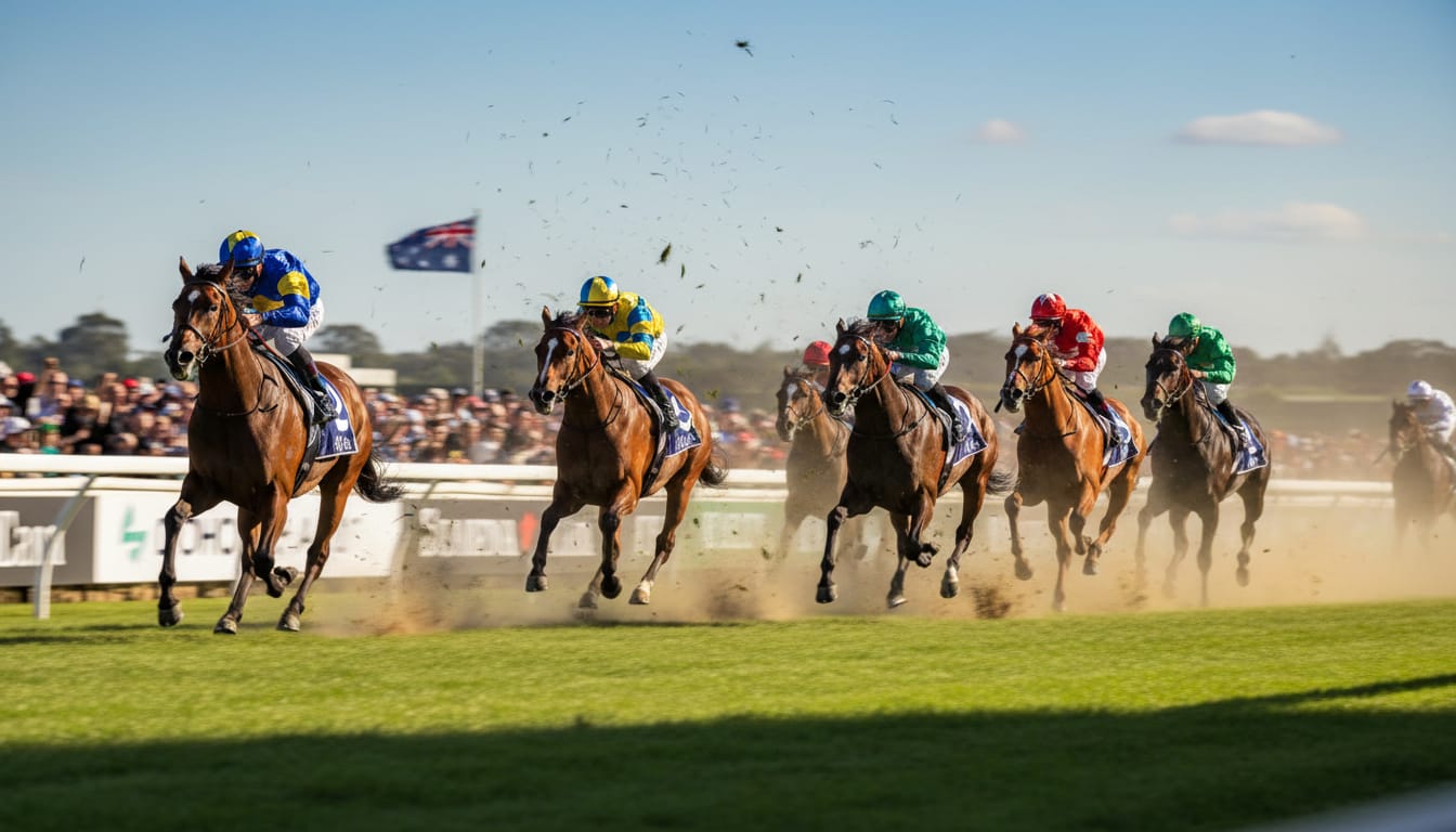 Horses racing down the straight