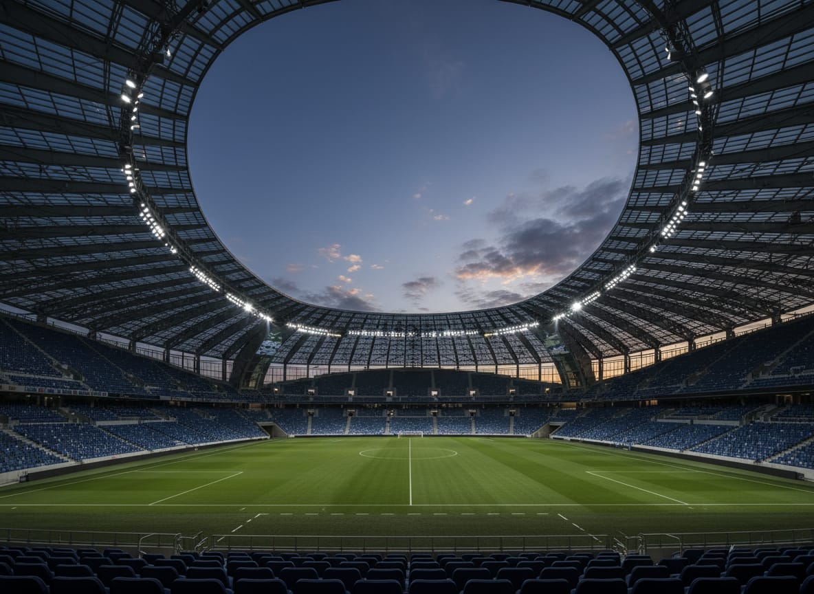 An empty stadium at dusk before a match